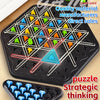 A black puzzle board game featuring a triangle chain design with colorful plastic pieces for strategic thinking.