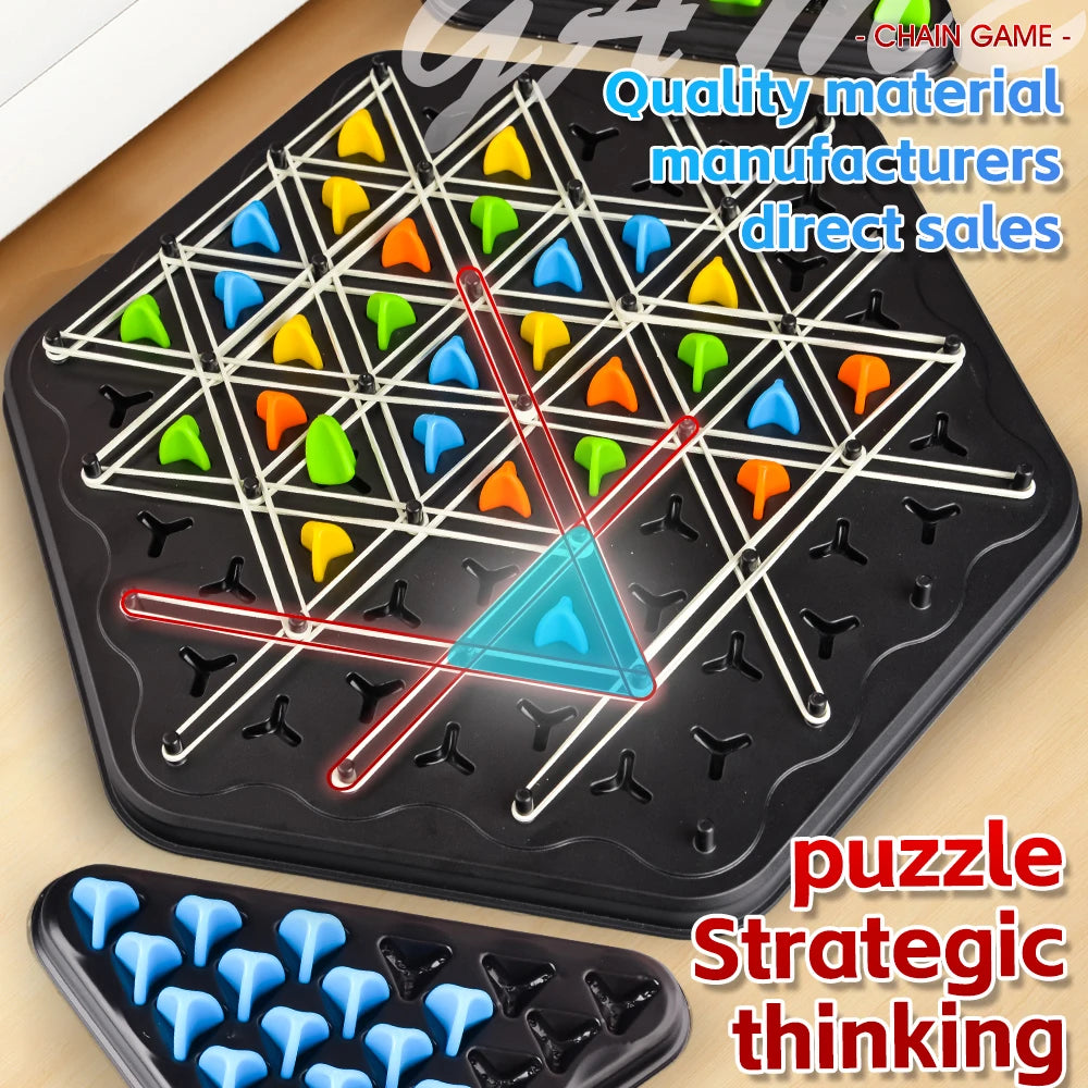 A black puzzle board game featuring a triangle chain design with colorful plastic pieces for strategic thinking.