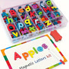 A plastic box filled with magnetic alphabet letters in various colors and shapes for a kids spelling kit