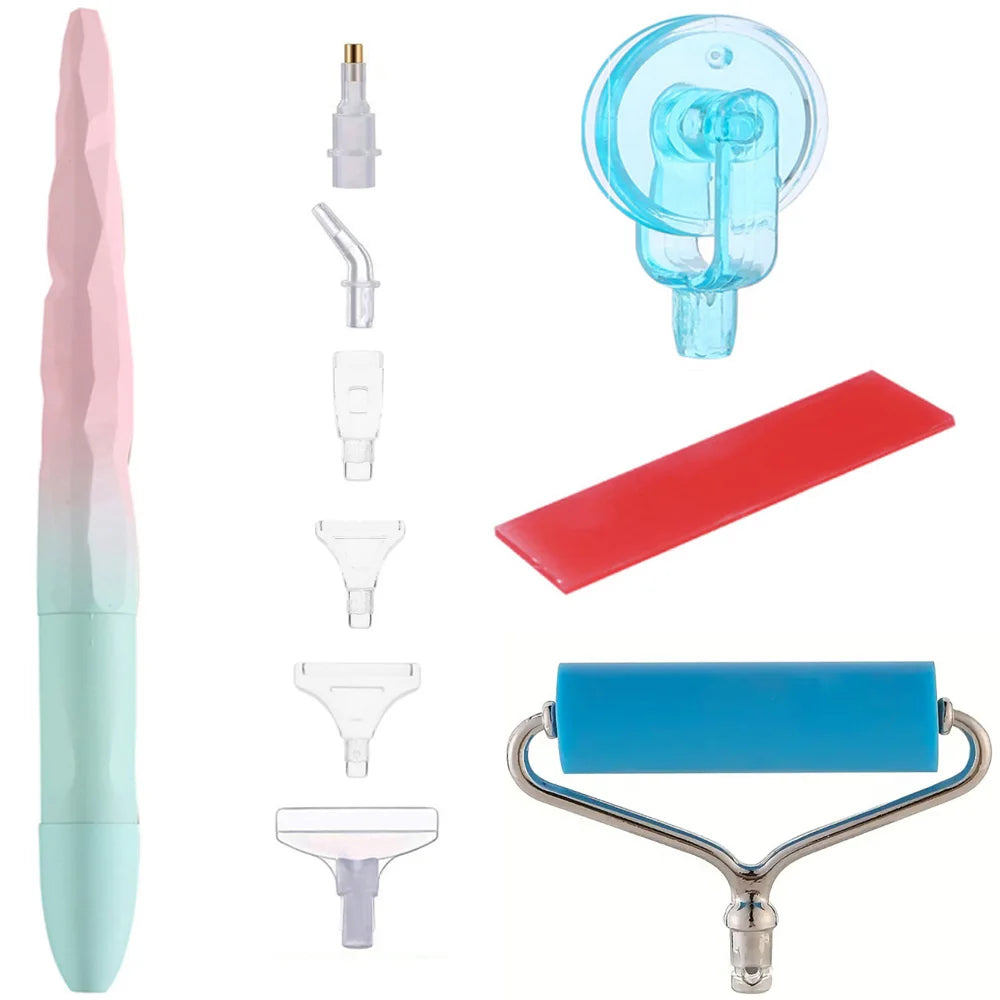 A kit of diamond painting tools including a pen, roller tool, and various shaping tools.