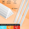 A pack of 100 full-size clear hot glue sticks shown next to various temperature glue gun icons.
