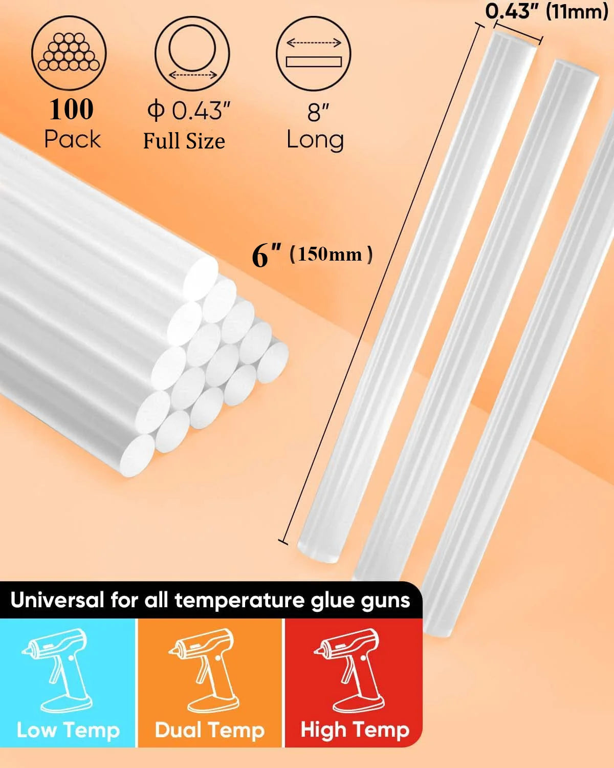 A pack of 100 full-size clear hot glue sticks shown next to various temperature glue gun icons.