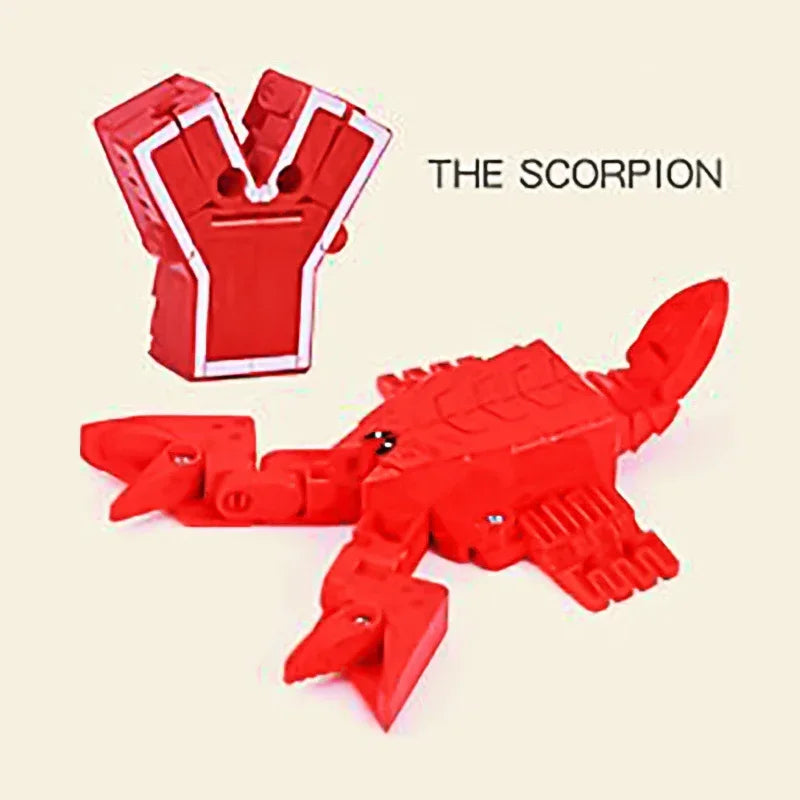 A red alphabet transformable robot toy figure shaped like a scorpion, displayed next to the title The Scorpion.