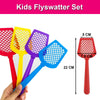 A set of four colorful plastic flyswatters in red, yellow, purple, and blue for kids