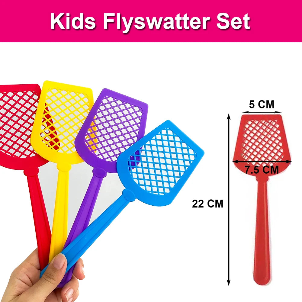 A set of four colorful plastic flyswatters in red, yellow, purple, and blue for kids