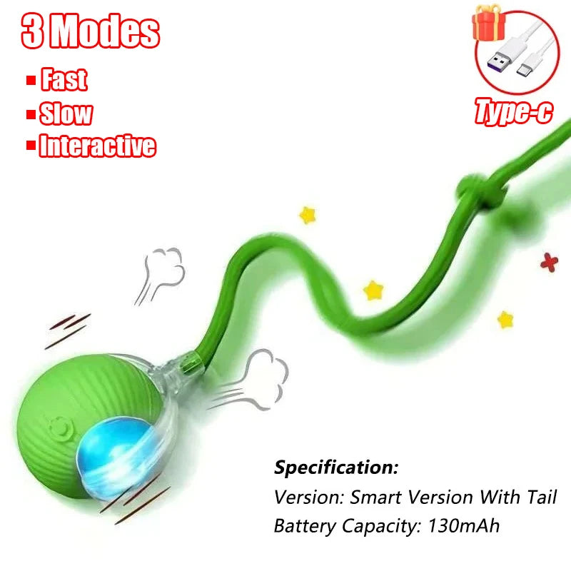 Green motion-activated cat toy featuring a rolling ball and a flexible tail for interactive play