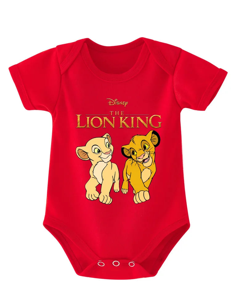 Red baby bodysuit featuring a Disney The Lion King print of Simba and Nala.
