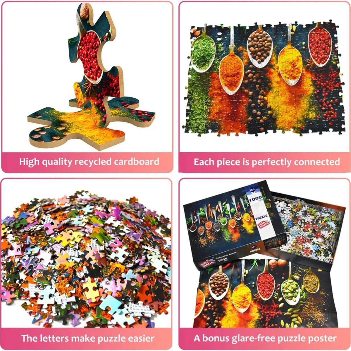 A set of 1000-piece jigsaw puzzles made from recycled cardboard featuring colorful letters and various natural elements.