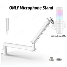 A white microphone stand shown with an extension arm and a light, not including the microphone.