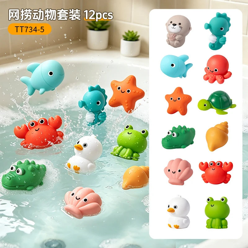 A set of 12 colorful water squirting turtle bath toys floating in a bathtub.