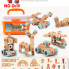 A DIY assembly kit for children featuring wooden parts and tools for learning and building