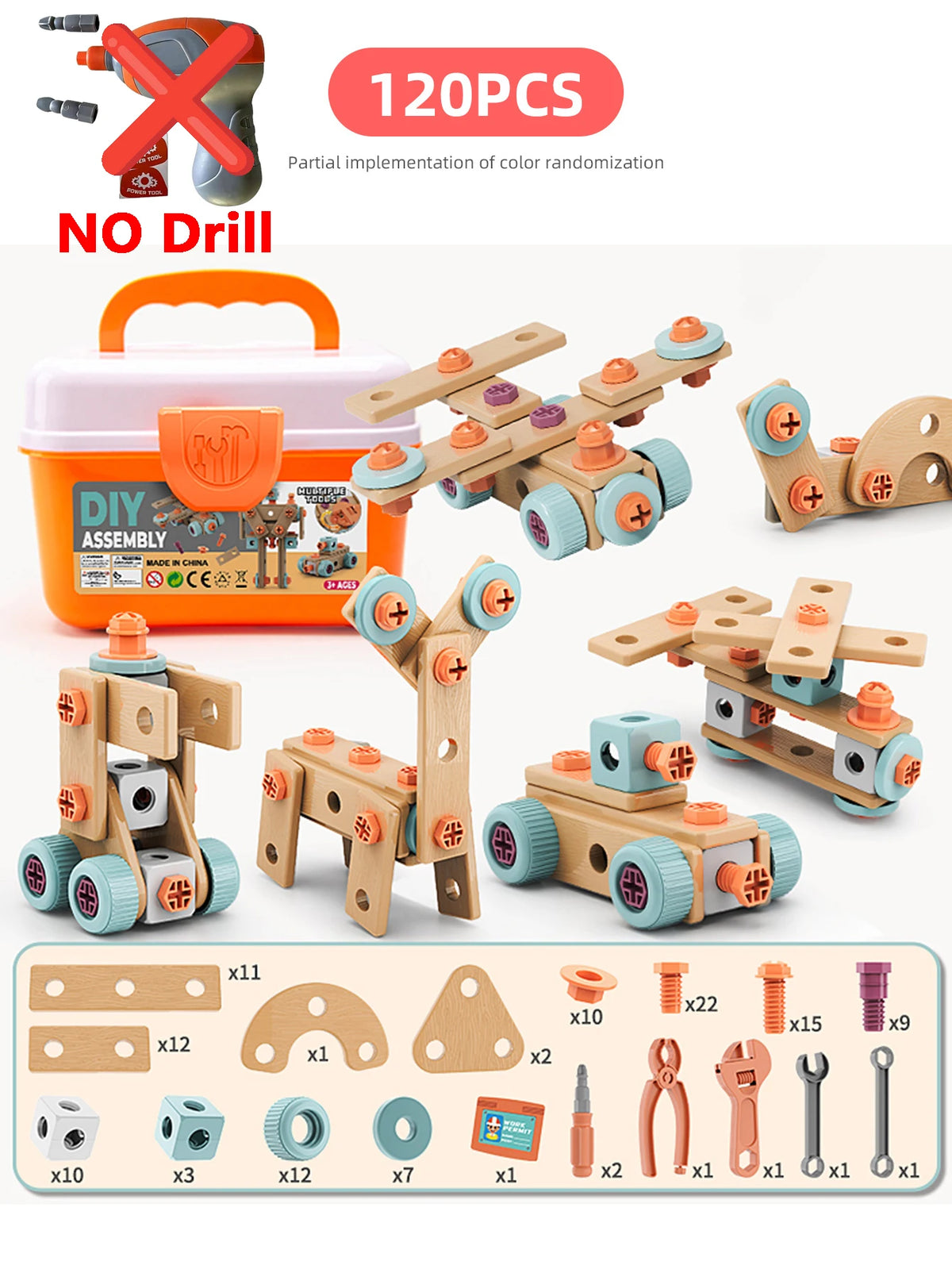 A DIY assembly kit for children featuring wooden parts and tools for learning and building