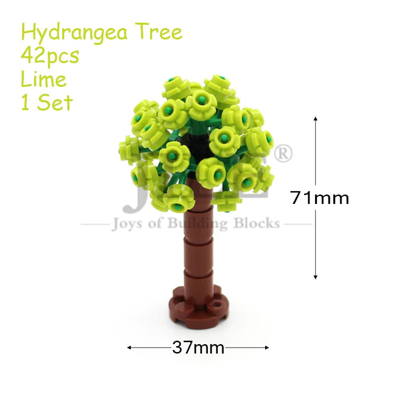 A set of lime green Hydrangea tree building blocks with a brown trunk and flowers.