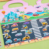 A colorful sticker book featuring cartoon scenes of cityscapes, boats, vehicles, and people for kids.