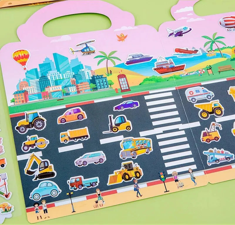 A colorful sticker book featuring cartoon scenes of cityscapes, boats, vehicles, and people for kids.