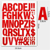 A sheet of red iron-on heat transfer patches displaying the entire English alphabet and some symbols.