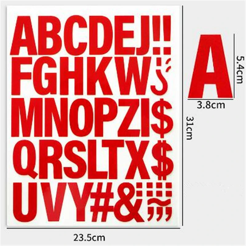 A sheet of red iron-on heat transfer patches displaying the entire English alphabet and some symbols.