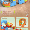 Colorful magnetic train track set for building, featuring various shapes and continuous curves.