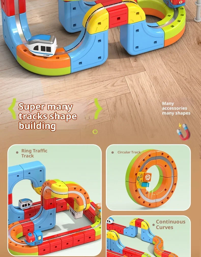 Colorful magnetic train track set for building, featuring various shapes and continuous curves.
