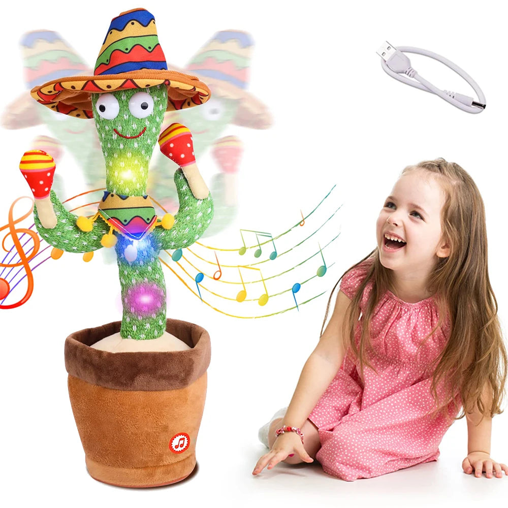 A smiling green cactus toy with colorful features and lights next to a laughing young girl.