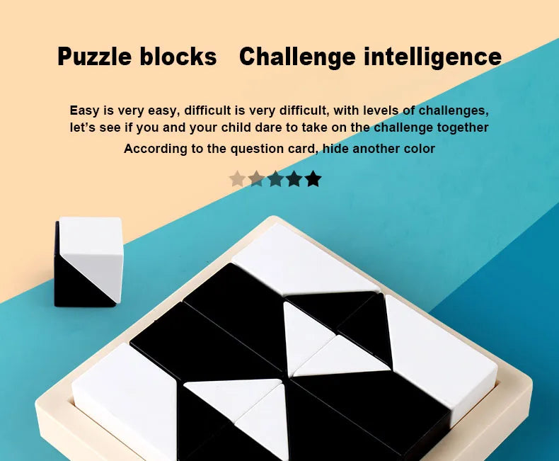 A geometric puzzle block game featuring black and white pieces displayed on a light wooden tray.