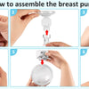 Six steps showing how to assemble a hands-free electric breast pump with silicone flanges