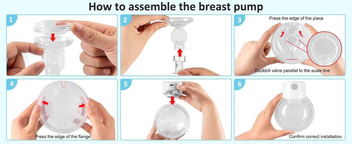 Six steps showing how to assemble a hands-free electric breast pump with silicone flanges