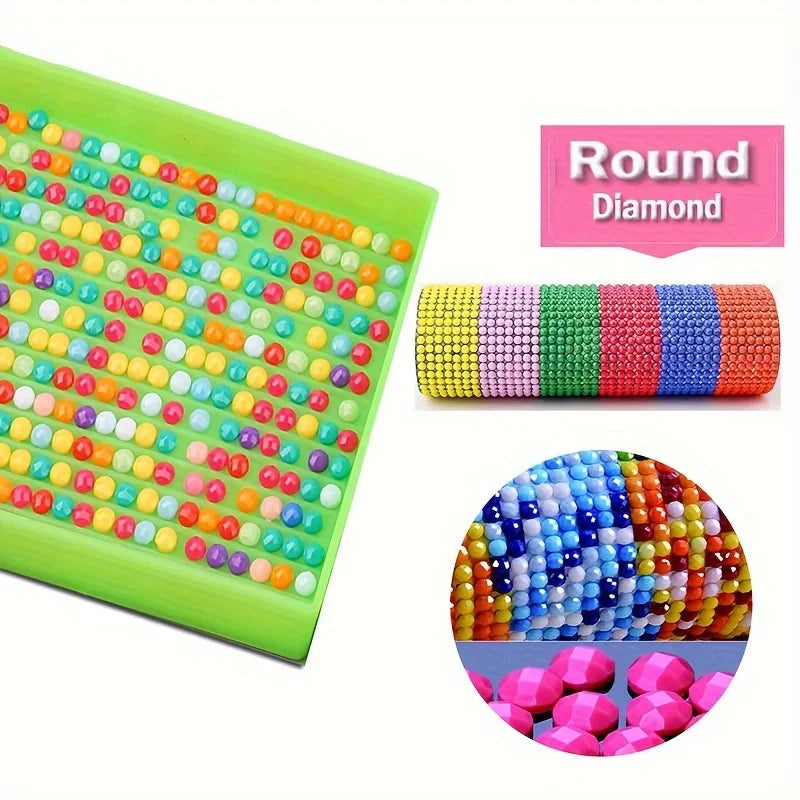 A large diamond painting kit featuring round colored beads in a green frame and an oval arrangement of colorful beads.