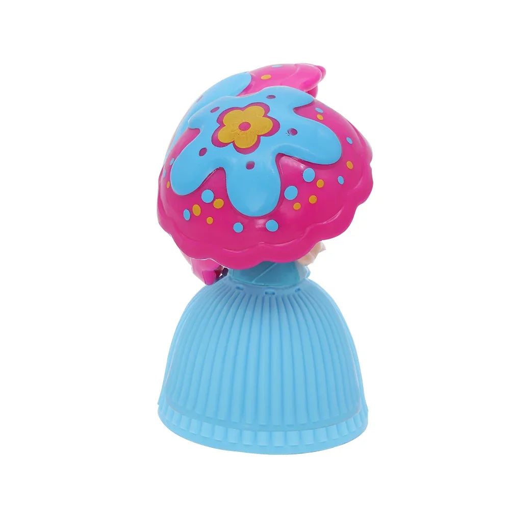 A colorful transformable cupcake princess doll with a pink and blue flower top and a light blue base.
