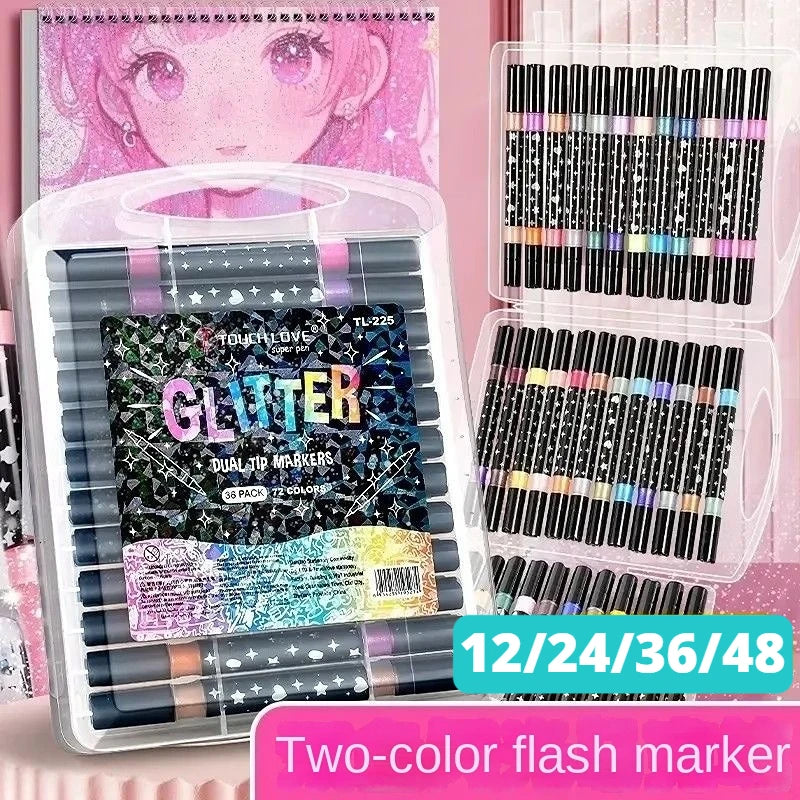 A set of dual tip glitter markers featuring metallic and sparkle colors packaged in a clear plastic holder.