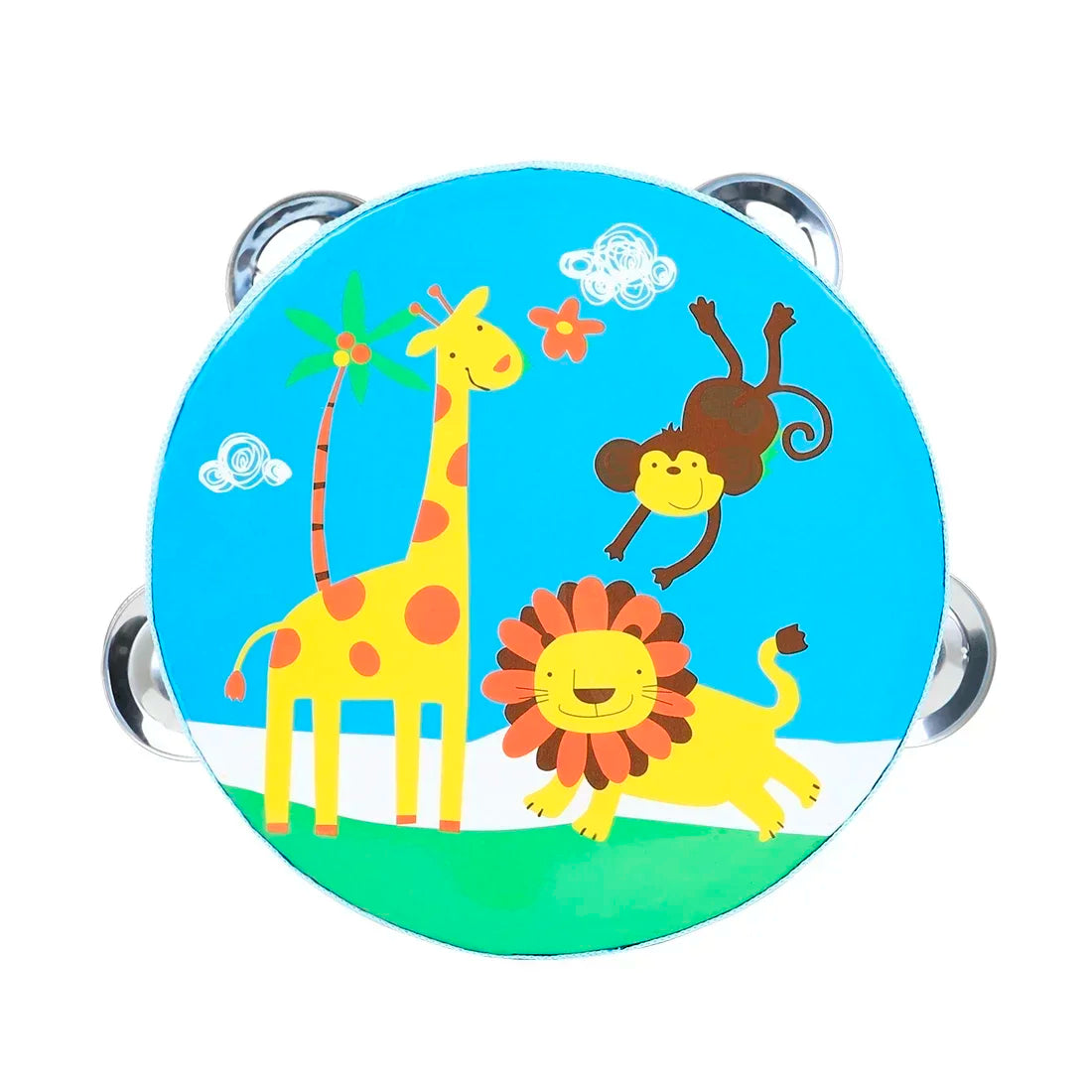 A blue wooden tambourine with a yellow giraffe, a brown monkey, and a yellow lion design on it.