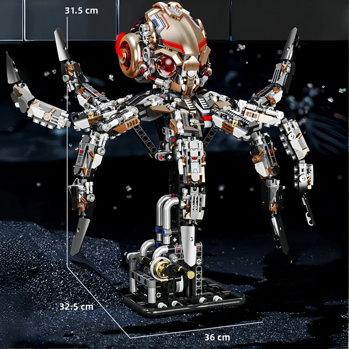 A detailed mechanical model of a dragonfly robot kit showing its full body and scale measurements.