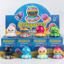 A set of 12 squishy stress relief toys featuring cute animal and food blind box collectibles in various colors.