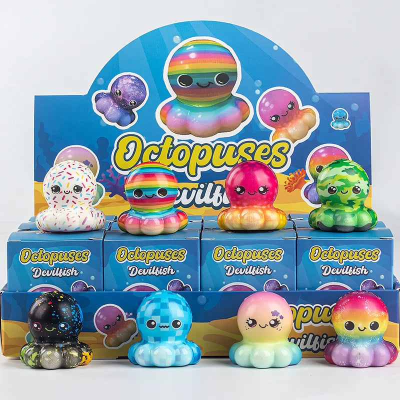 A set of 12 squishy stress relief toys featuring cute animal and food blind box collectibles in various colors.