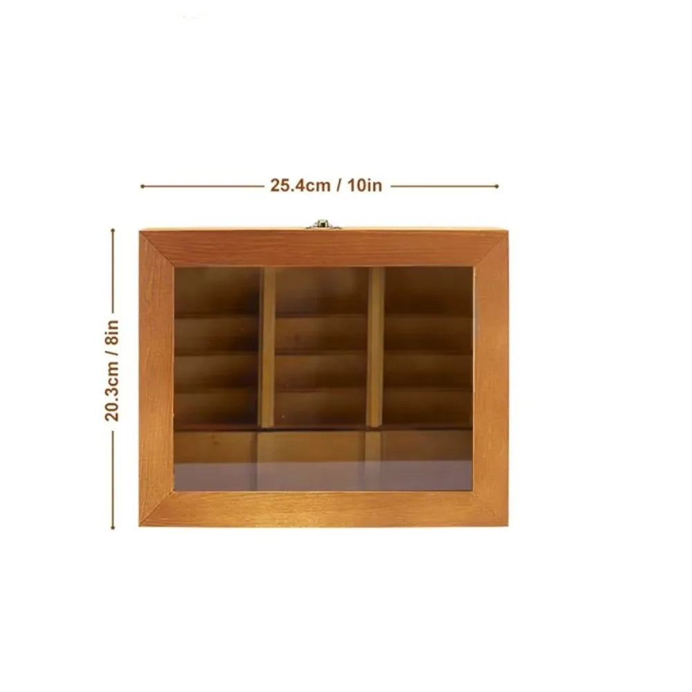 A wooden bookshelf decor with a glass front featuring multiple small shelves for fidget items.