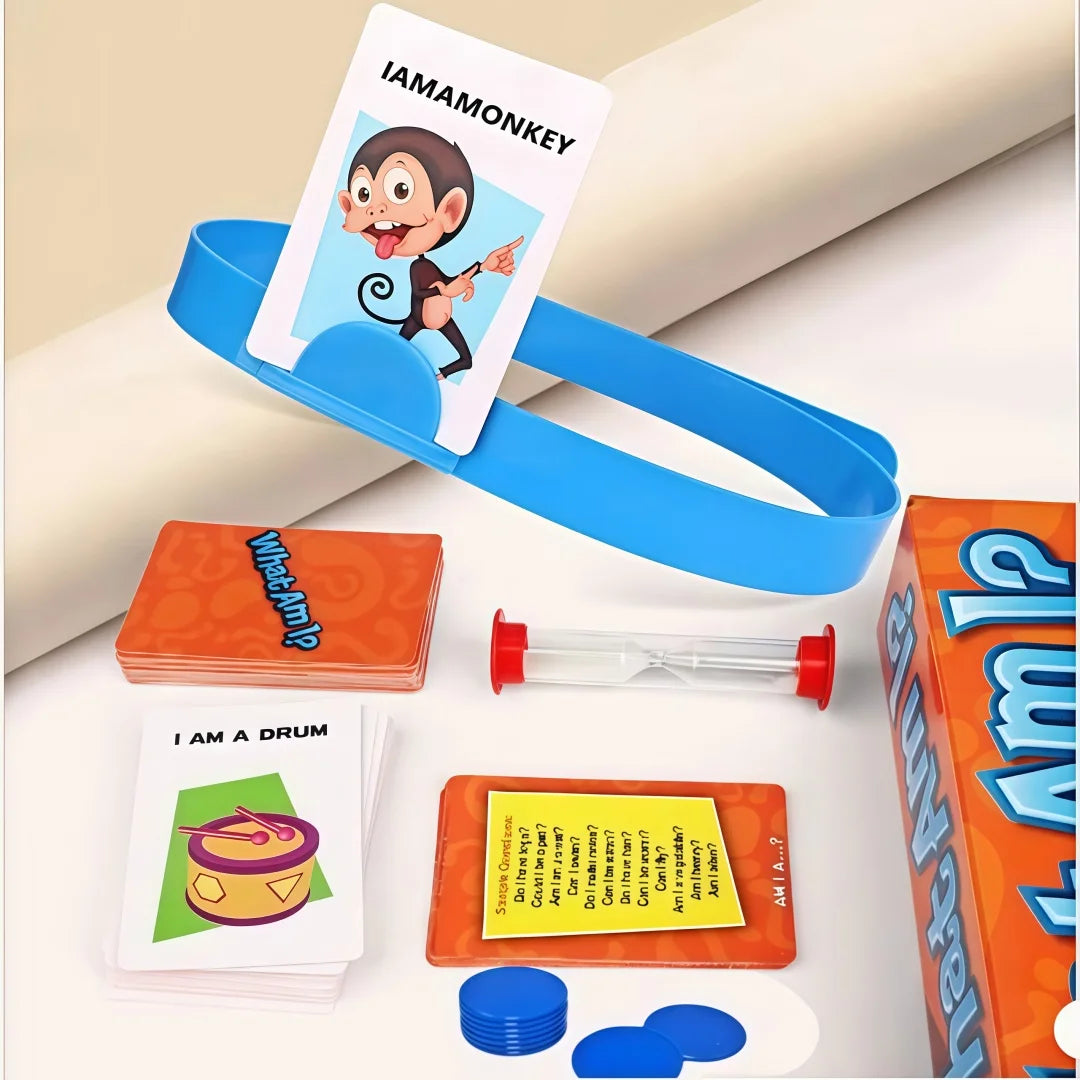 A set of Iamamonkey cards and a glass tube for the Guess Who I Am family card board game.