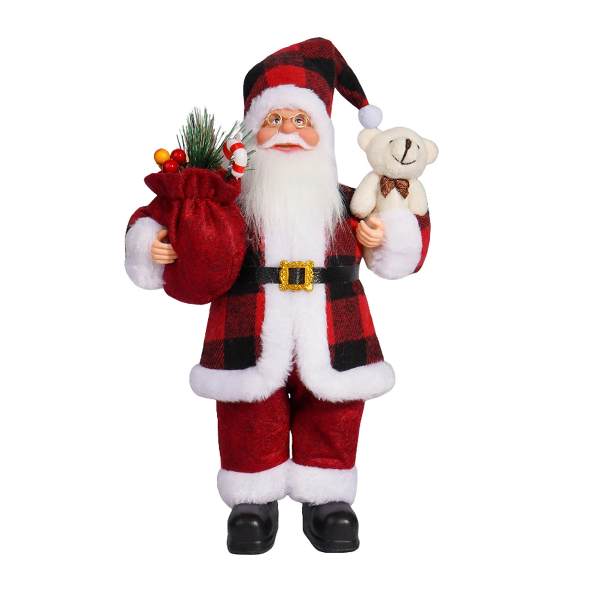 A 30cm Christmas Santa Claus figurine with a red and black plaid suit, white beard, and holding a small white bear.