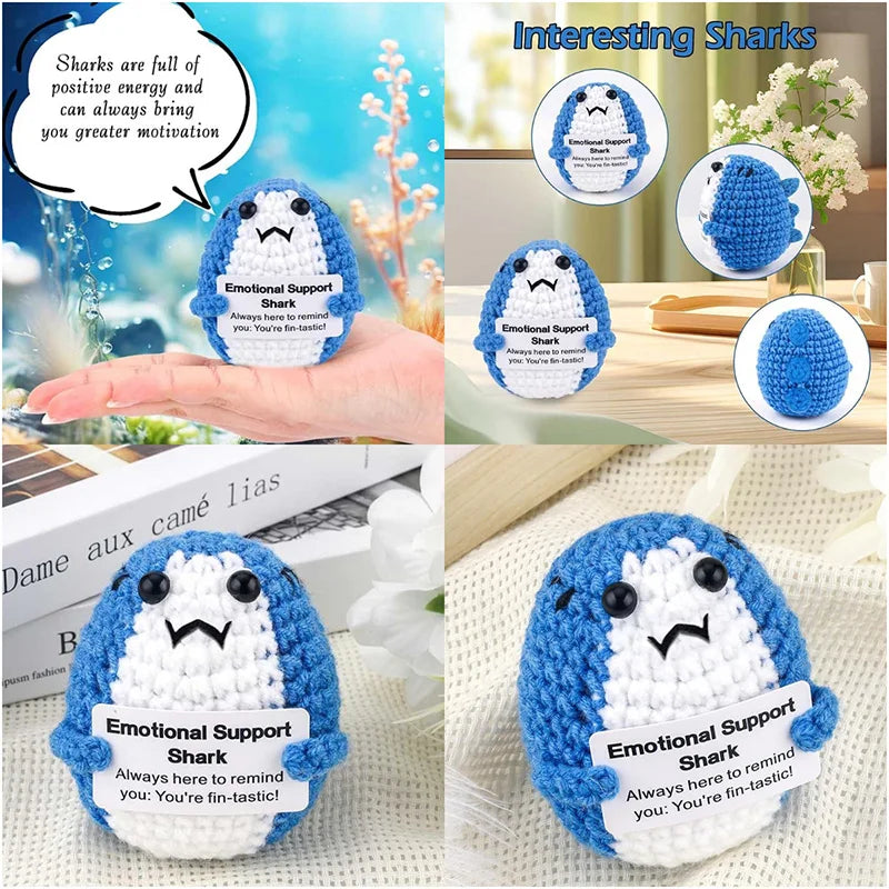 Handmade crochet blue shark emotional support plush with a positive message