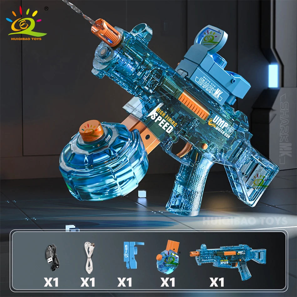 A blue automatic electric UMP45 water blaster toy is shown in a close-up view against a dark background.
