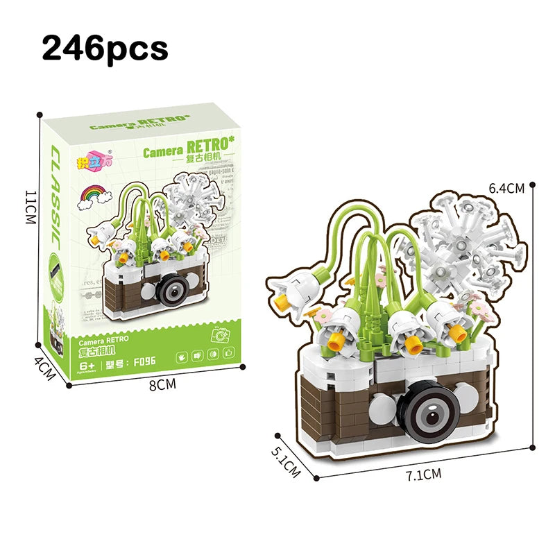 Retro Camera Building Blocks Set with Flower Bonsai Design