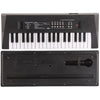 A black 37-key electric keyboard piano with a microphone and a separate black stand.