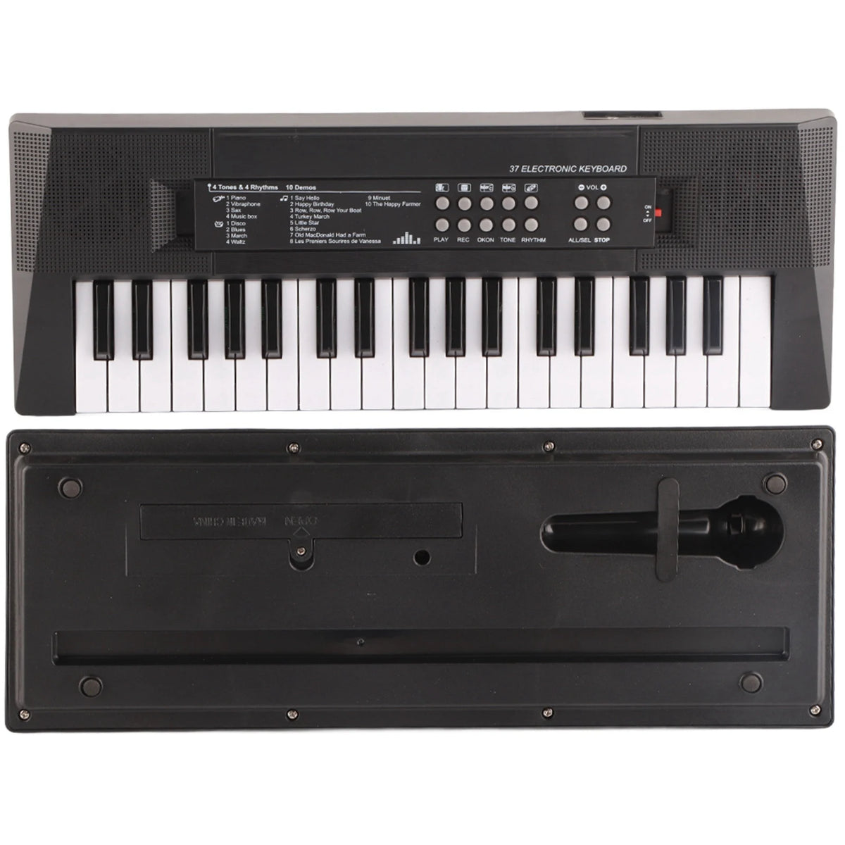 A black 37-key electric keyboard piano with a microphone and a separate black stand.