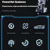 A white and blue transforming robot car is shown with various features listed below it.