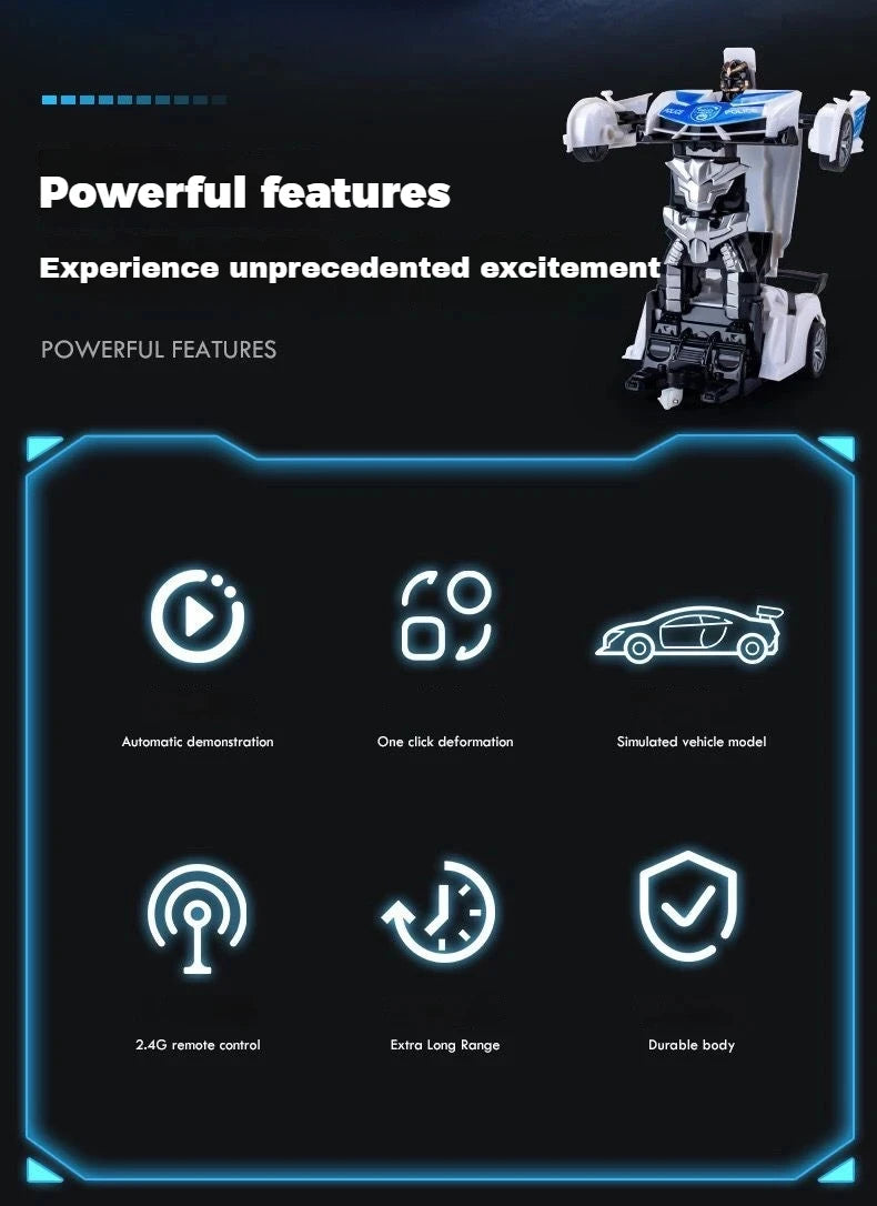 A white and blue transforming robot car is shown with various features listed below it.