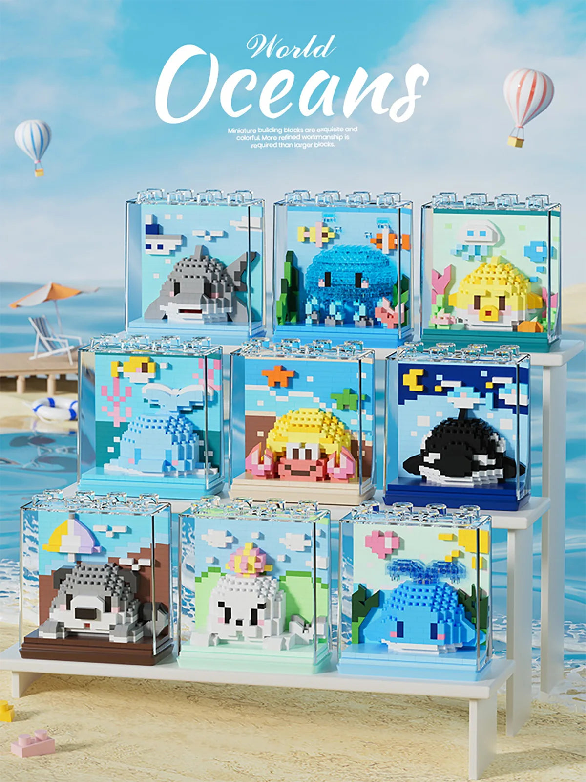 A display of clear acrylic building blocks featuring miniature models of ocean animals like sharks, dolphins, and whales.