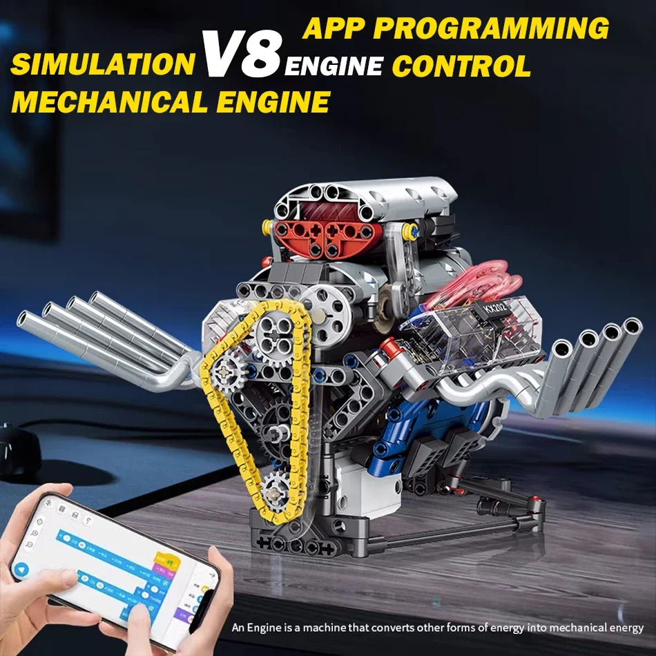 Technical V8 Engine Model Building Kit with LED Lights and App Control