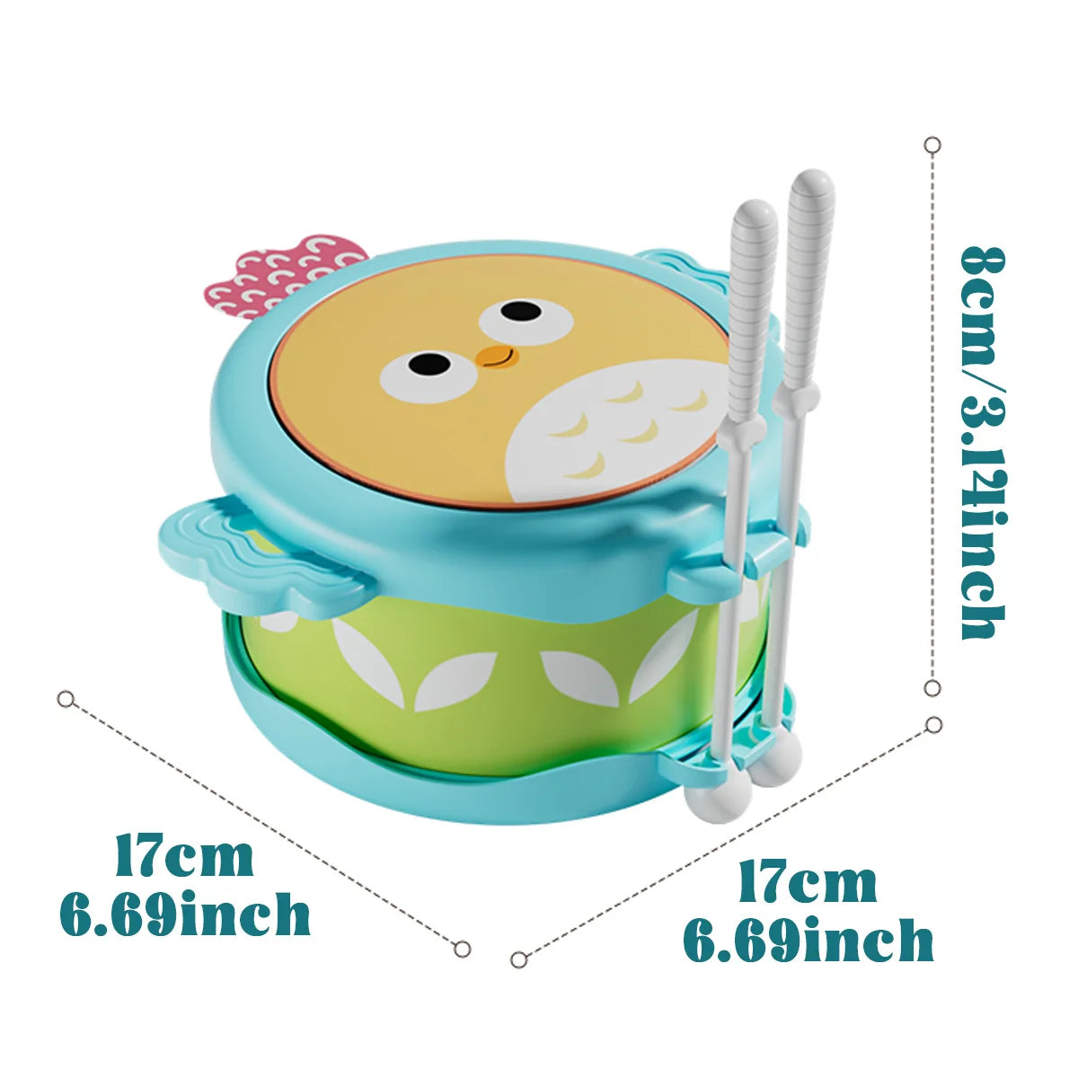 A light blue owl-shaped musical drum for kids with a lid and two sticks.