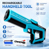A blue and black rechargeable handheld tool with a pistol grip is shown next to its battery and charging cable.