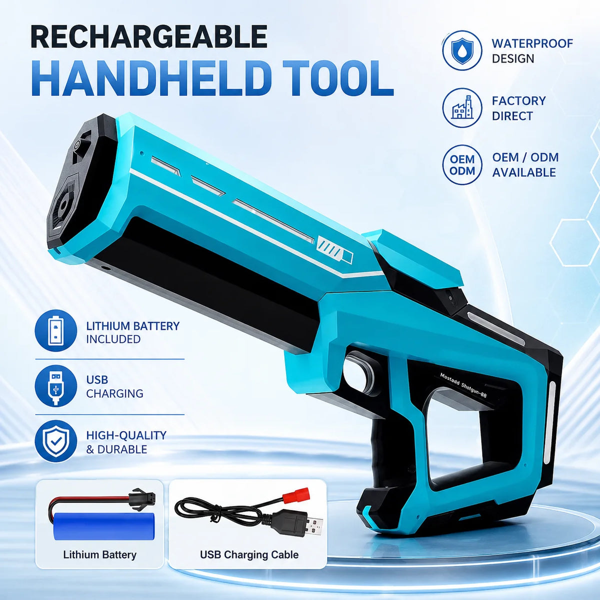 A blue and black rechargeable handheld tool with a pistol grip is shown next to its battery and charging cable.