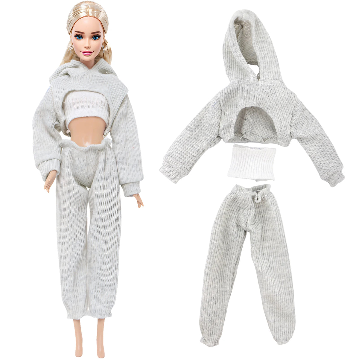 A fashion doll outfit set featuring a light gray knitted hoodie and matching pants.